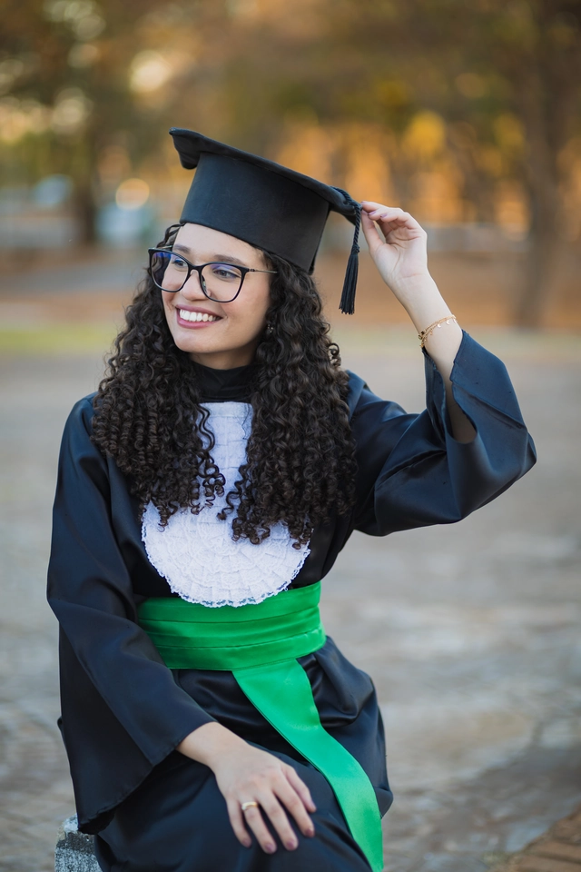 Formanda sentada, ajustando o capelo, sorrindo, no campus